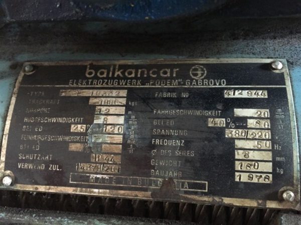 Takraf Balkancar Kettenzug Typ P10332 1To Hebezug Hallenkran Kranbahn - gebraucht - : lagertechnik